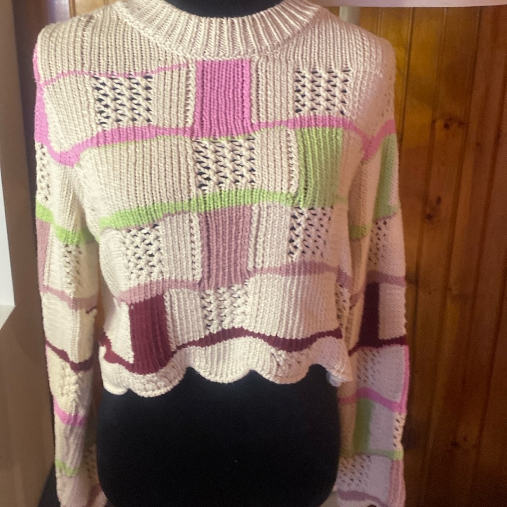 NWT  Cropped knit sweater. Color block Cream, Pink, Green, Burgundy